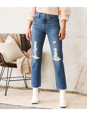 LEVI'S Women's Wedgie Straight Distressed Jeans Medium Wash Button Fly